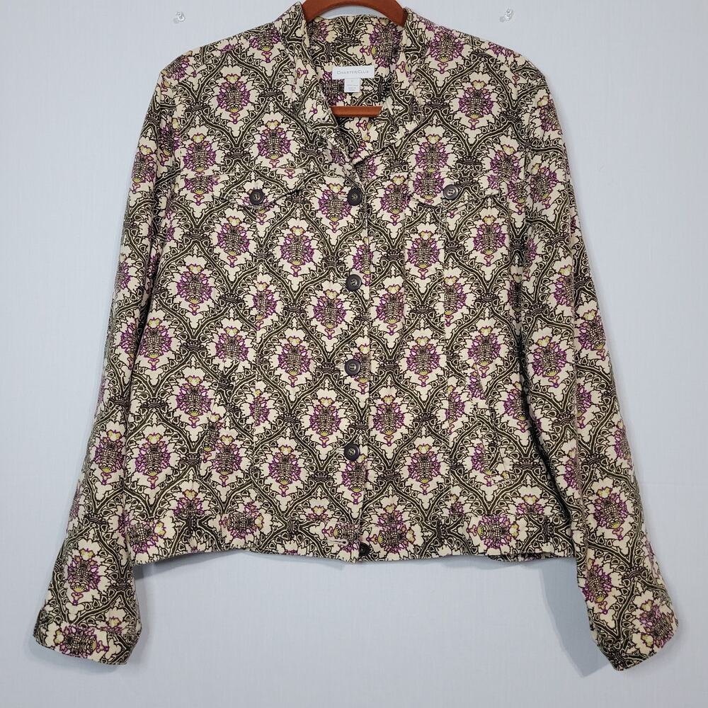 Charter Club Linen Jacket women's size L Cream Purple Multicolor Floral Boho